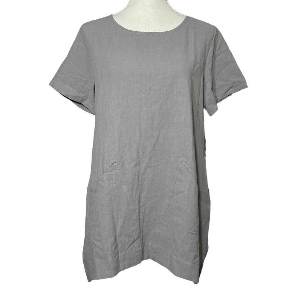 Linen Blend T-Shirt Dress M POCKETS Gray Cotton Short Sleeve Lagenlook Loose Fit
